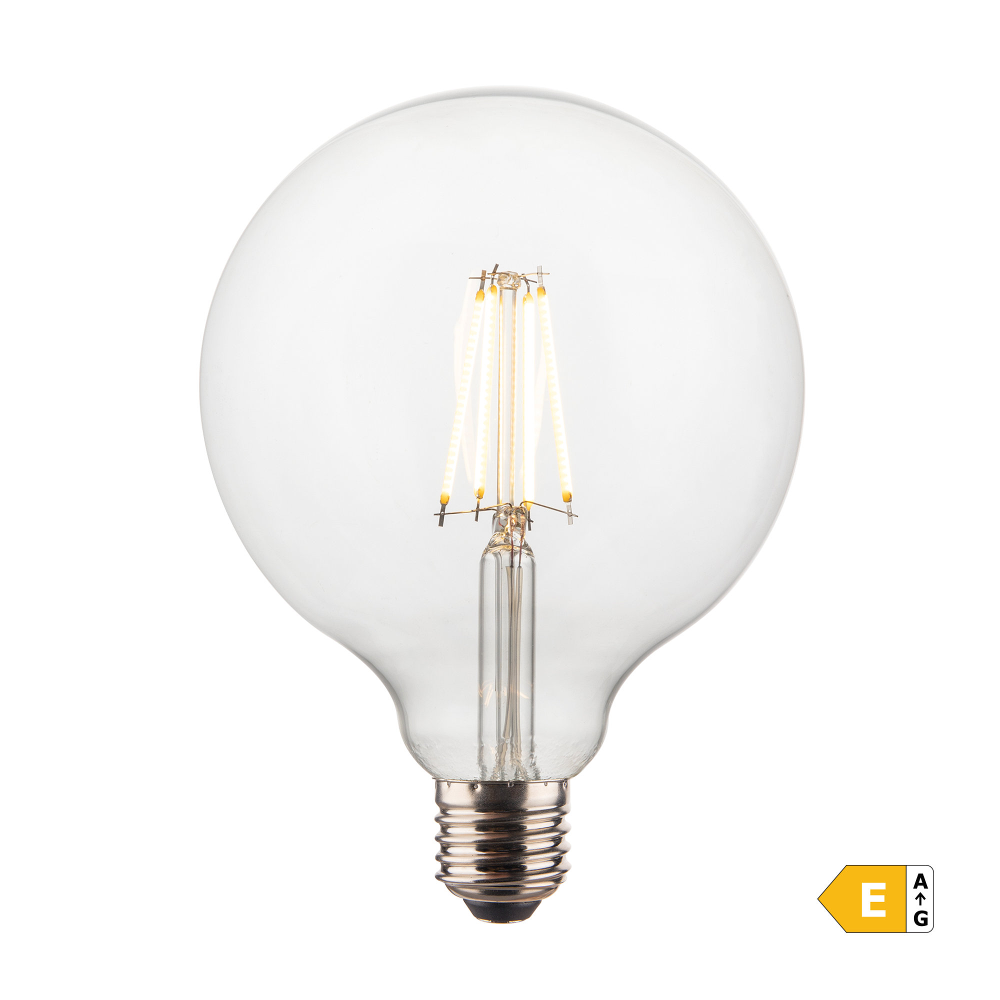 LED Edison Old Filament Dimmable Bulb - 7W E27 Globe G125 - Clear, illuminated view, showcasing the warm light, classic filament style, and large globe shape