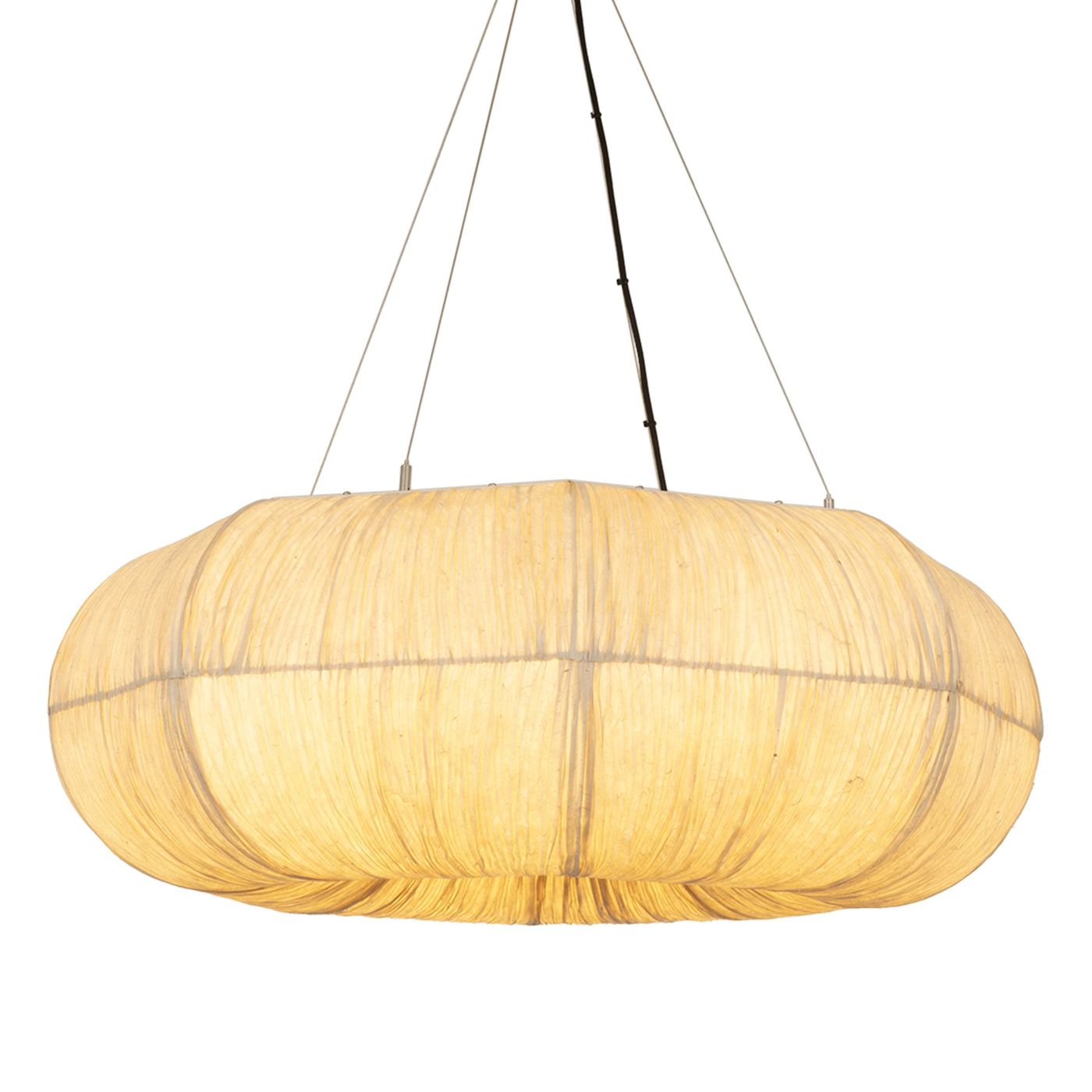 Epping Ring Paper Pendant Light in Ivory in large size lit up close up of shade and flex