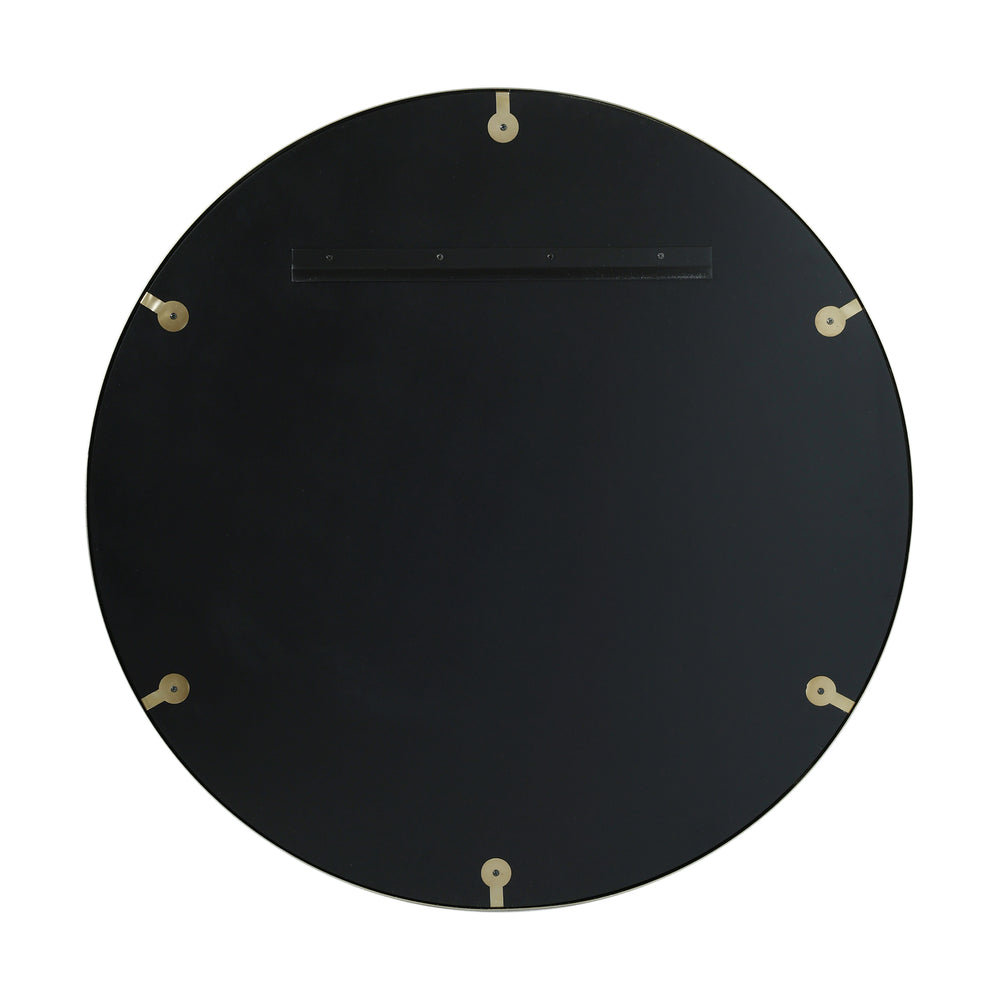 Back of Fenton round wall mirror with aged brass frame, 31-inch