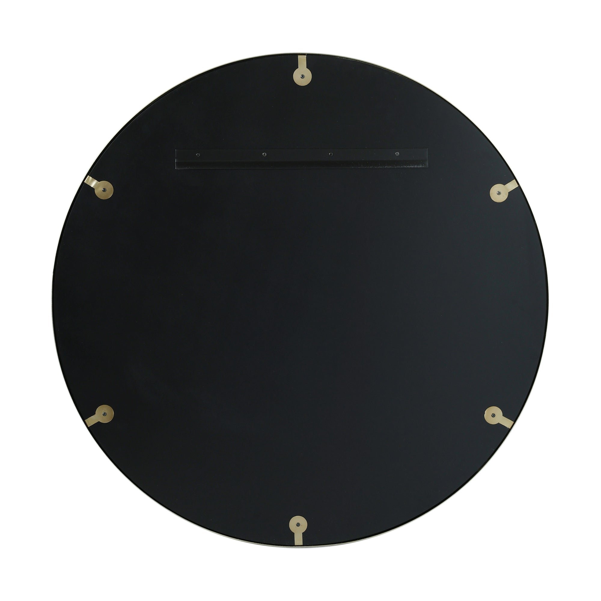 Back of Fenton round wall mirror with aged brass frame, 31-inch
