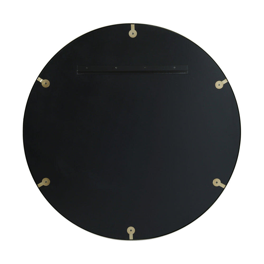 Back of Fenton round wall mirror with aged brass frame, 31-inch