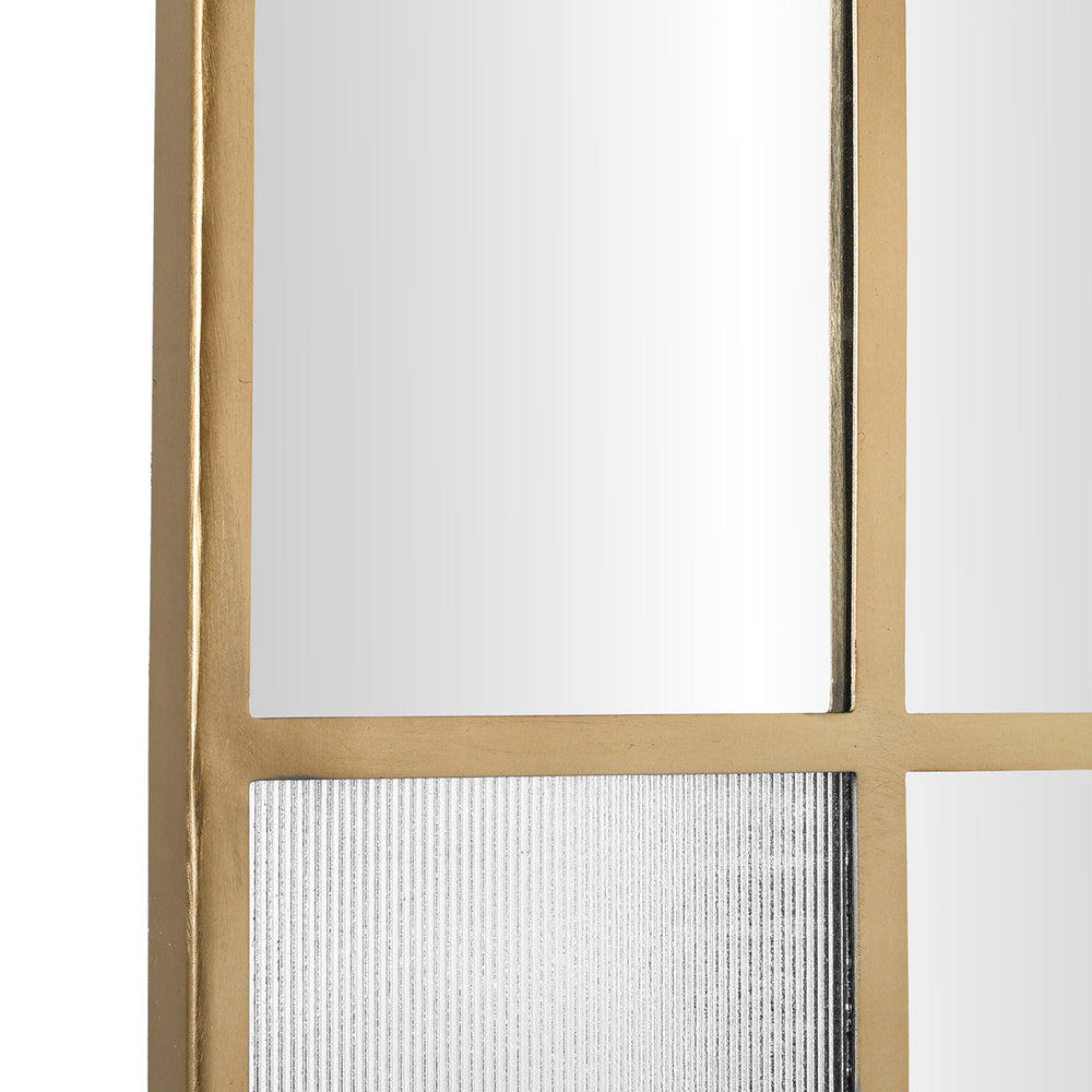 Close up Fenton rectangular wall mirror with aged brass frame, 35-inch