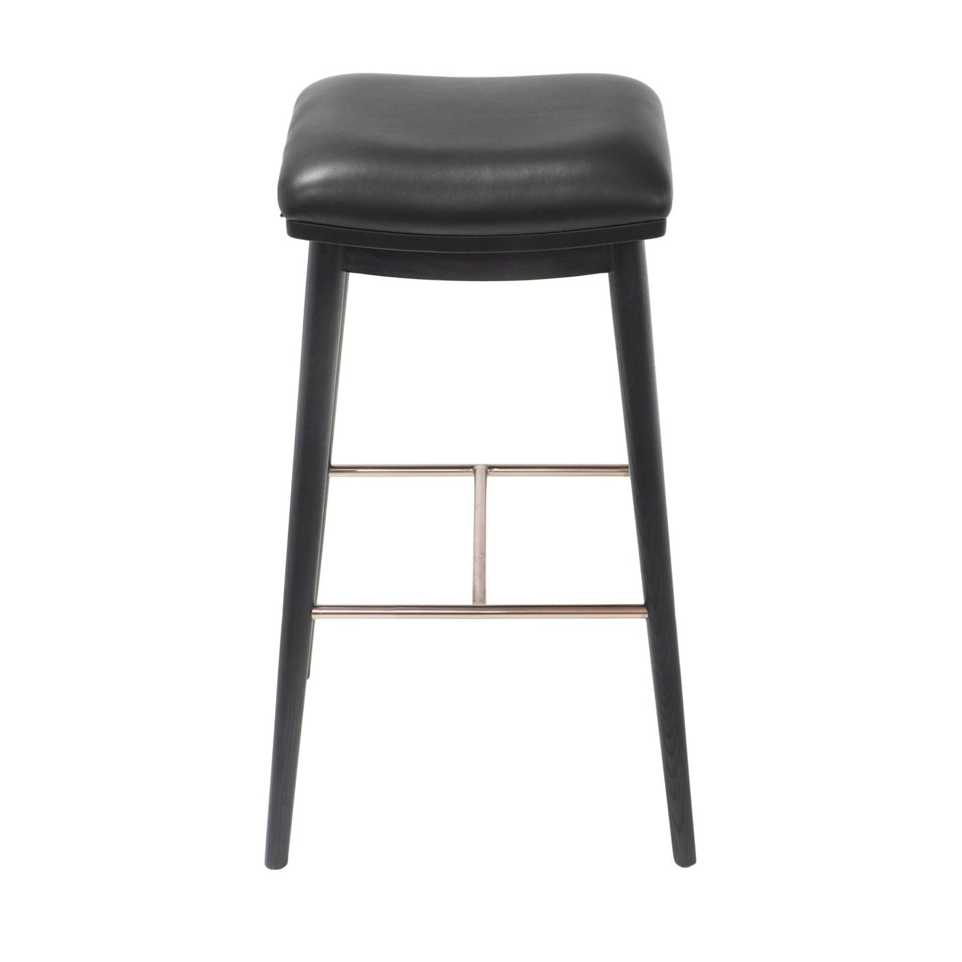 Front view of a bar stool featuring black ash wood legs, a black leather seat, and a brushed metal footrest