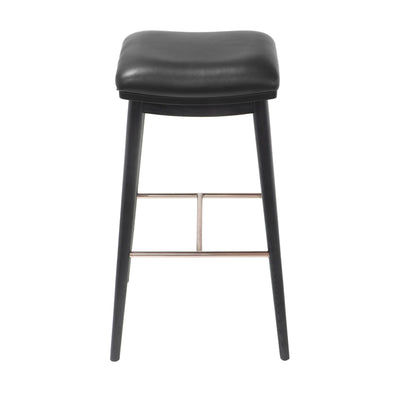 Front view of a bar stool featuring black ash wood legs, a black leather seat, and a brushed metal footrest
