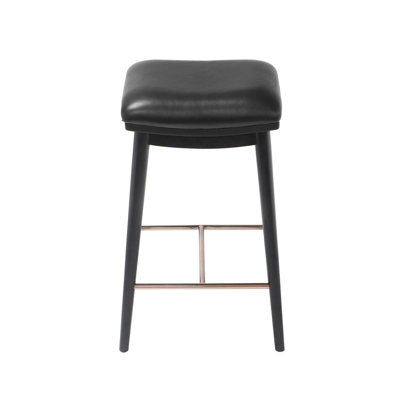 Front view of a counter height stool featuring black ash wood legs, a black soft leather seat, and a brushed metal footrest