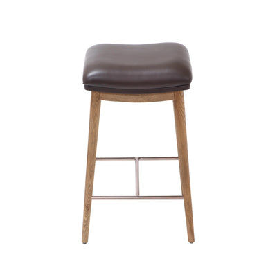 Front view of a counter height stool with natural ash wood legs, brown soft leather seat, and brushed metal footrest.