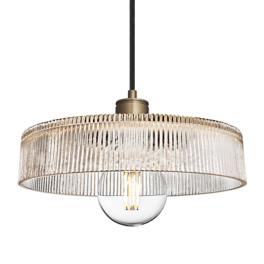 Albany Clear Glass Ribbed Dish Pendant Light in 12 Inch with Brass Holder