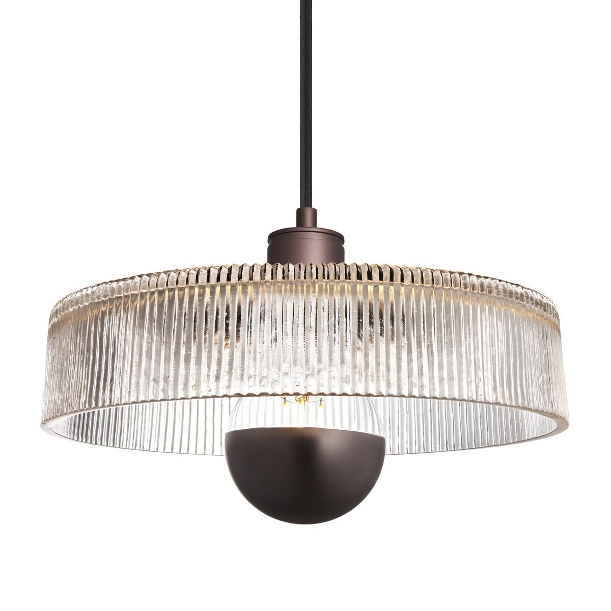 Albany Clear Glass Ribbed Dish Pendant Light in 12 Inch with Bronze Holder