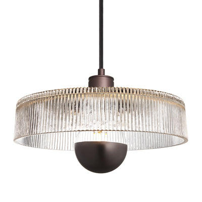 Albany Clear Glass Ribbed Dish Pendant Light in 12 Inch with Bronze Holder