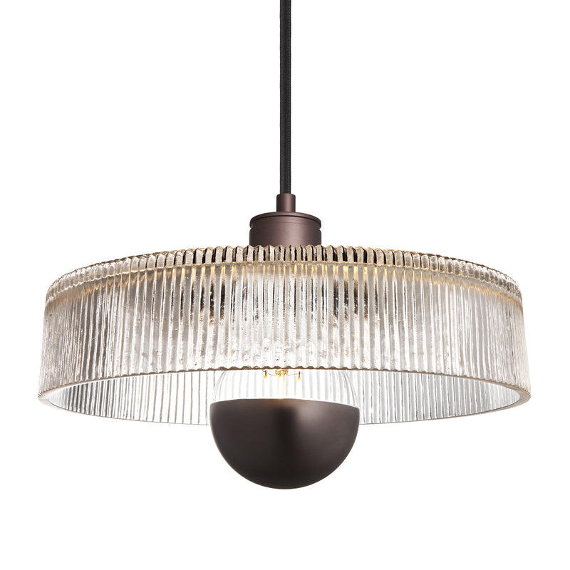 Albany Clear Glass Ribbed Dish Pendant Light in 12 Inch with Bronze Holder