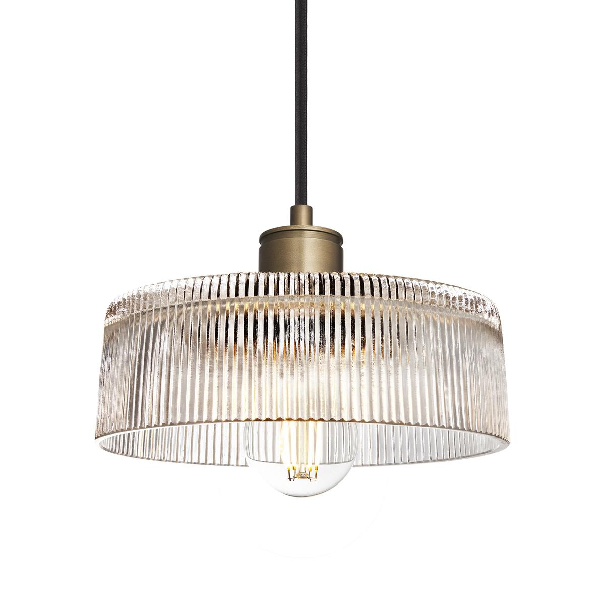Albany Clear Glass Ribbed Dish Pendant Light in 8 Inch with Brass Holder