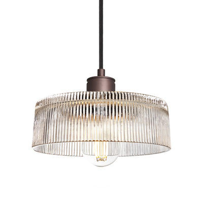 Albany Clear Glass Ribbed Dish Pendant Light in 8 Inch with Bronze Holder