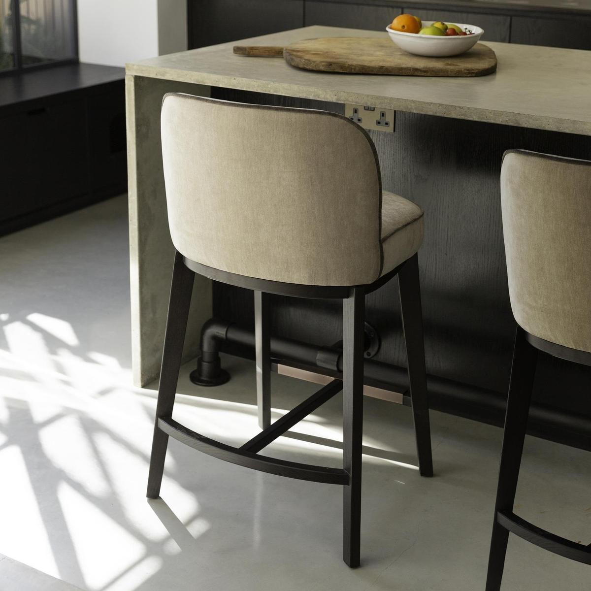 Hamble Counter Height Stool featuring a Black Wooden Frame with Backrest and a Seat Upholstered in Easy-Clean Grey Chenille