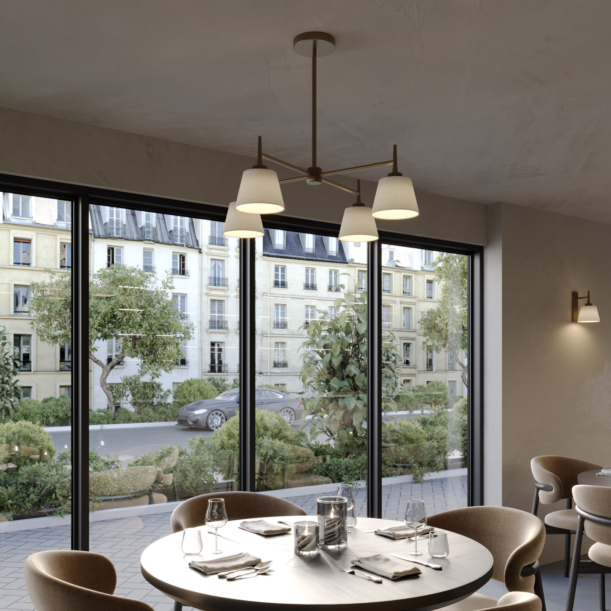 Henley 4 Arm Pendant Light with Natural Cotton Shades in Brass, Product Code HE-4AP-B-EM-S-NC-GT