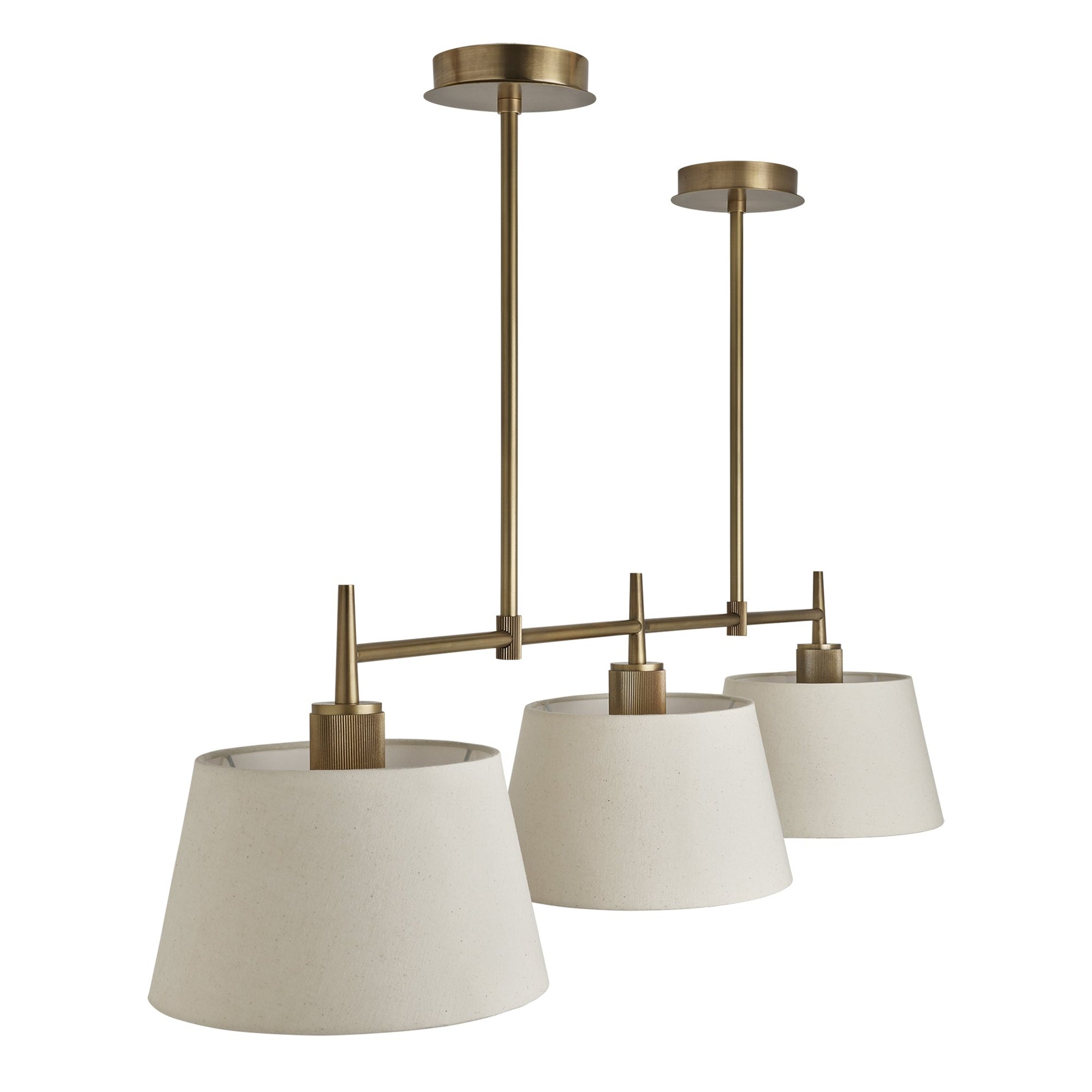 Henley Triple Bar Pendant Light with Natural Cotton Shades in Brass, Product Code HE-P-TR-B-EM-M-NC-GT