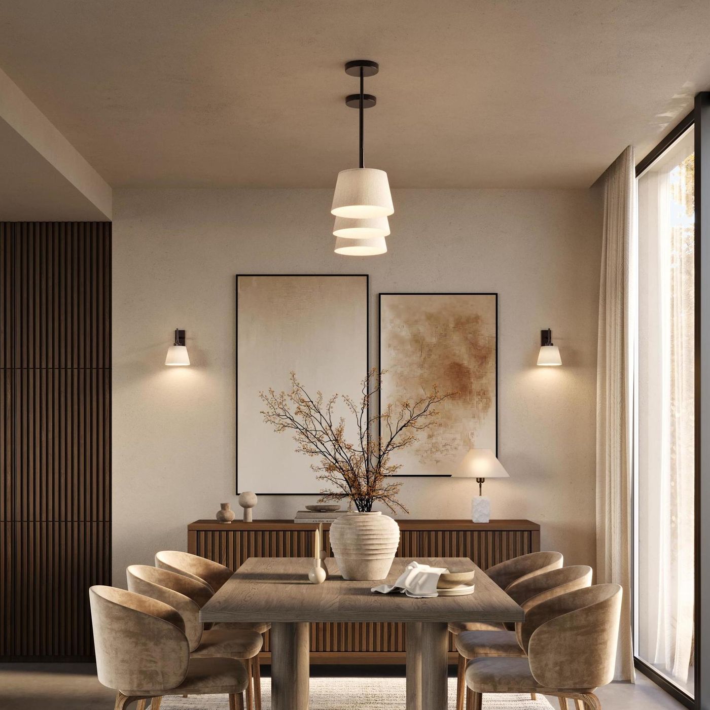 Henley Triple Bar Pendant Light with Natural Cotton Shades in Bronze, Product Code HE-P-TR-BZ-EM-M-NC-GT