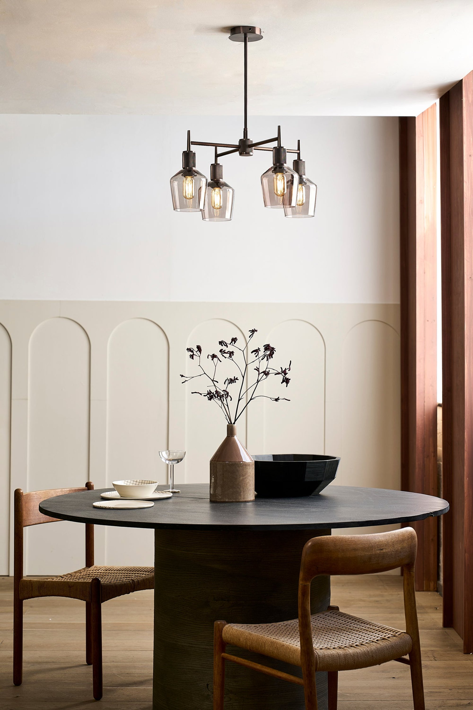 Henley Smoked Glass Schoolhouse 4 Arm Pendant Light in 5.5 inch Mocha Finish with Bronze Holder