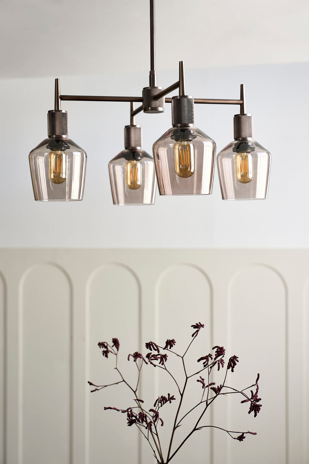 Henley Smoked Glass Schoolhouse 4 Arm Pendant Light in 5.5 inch Mocha Finish with Bronze Holder