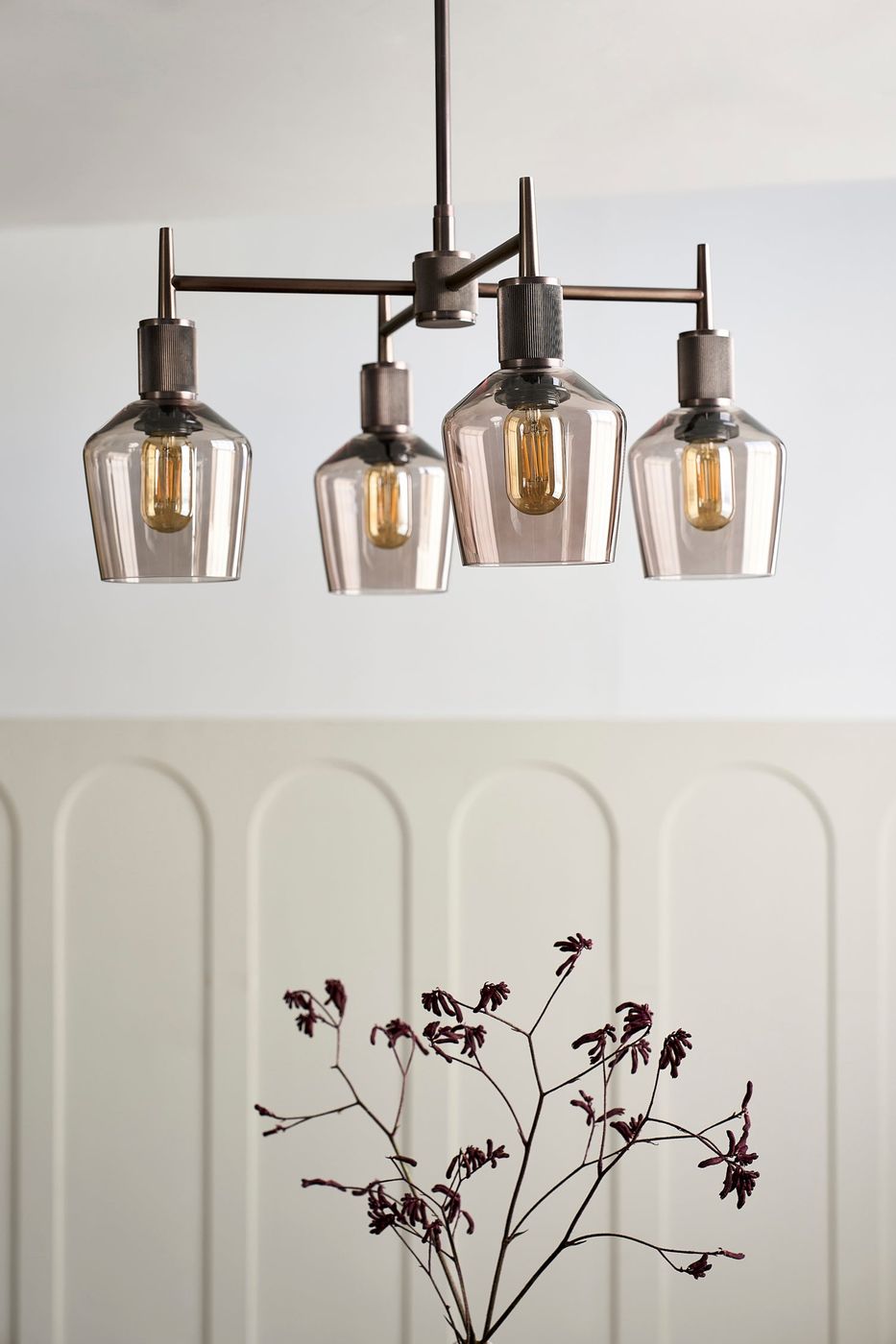 Henley Smoked Glass Schoolhouse 4 Arm Pendant Light in 5.5 inch Mocha Finish with Bronze Holder