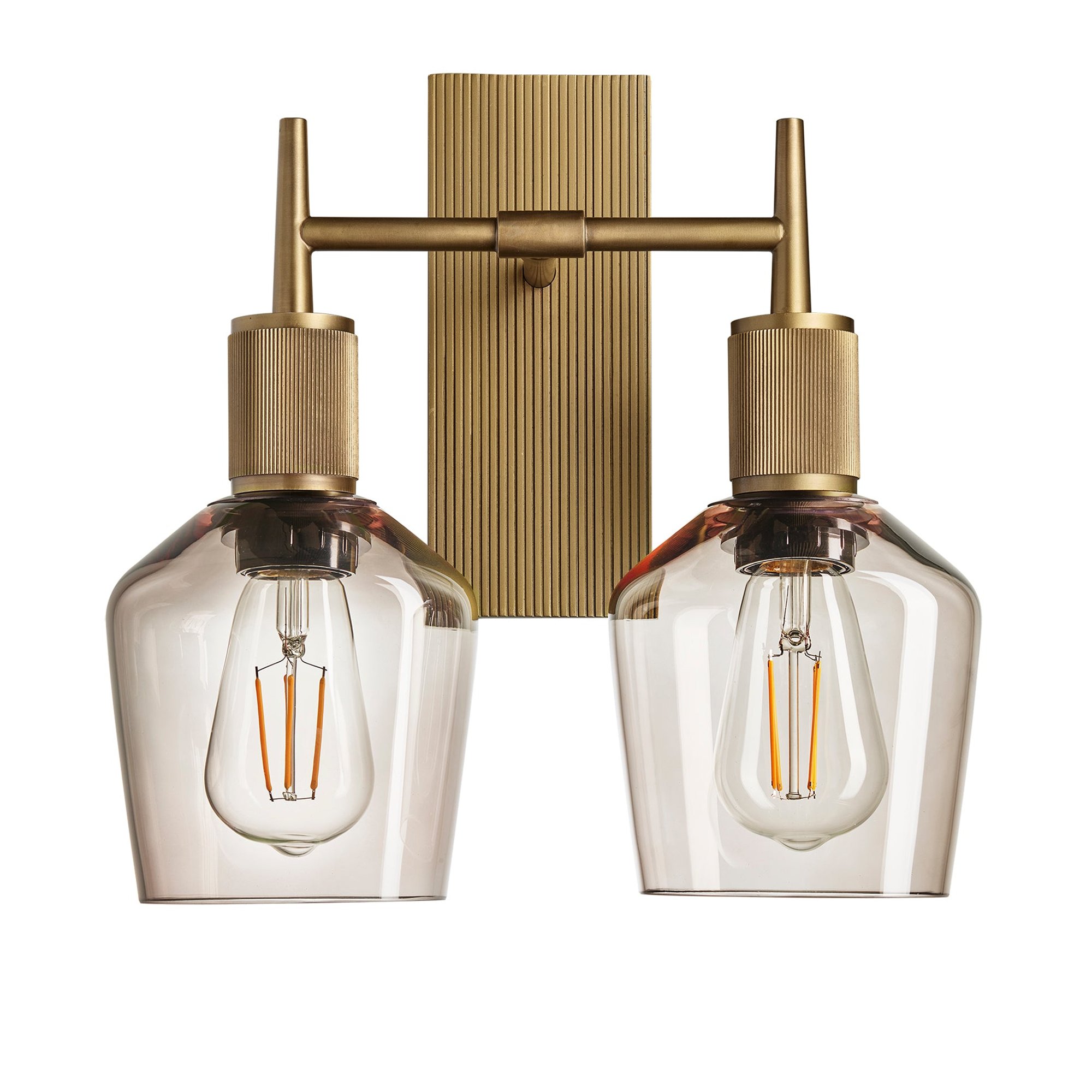 Henley Smoked Glass Schoolhouse Double Wall Light in 5.5 Inch with Brass Holder