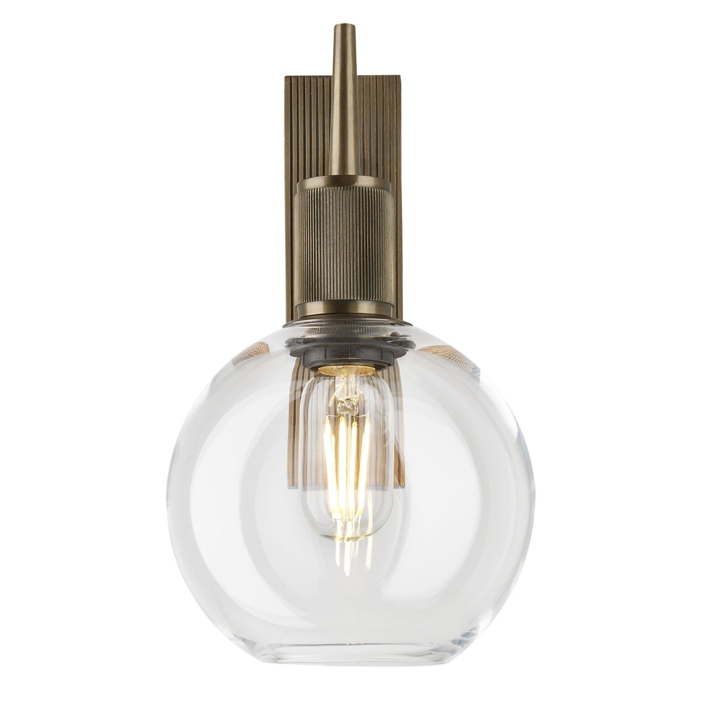 Henley Glass Globe Wall Light 7 Inch Clear featuring a single clear glass globe with a brass holder front view