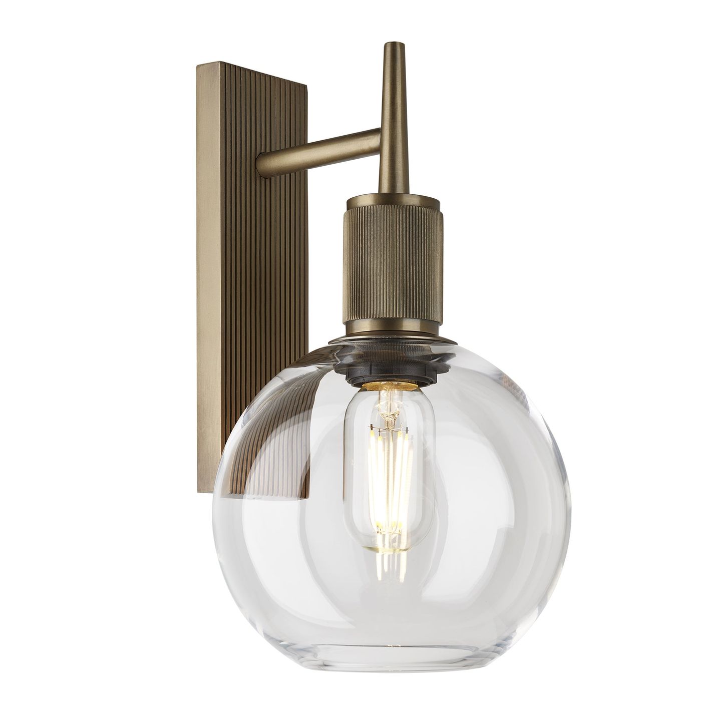 Henley Glass Globe Wall Light 7 Inch Clear showcasing a single clear glass globe with a brass holder side view