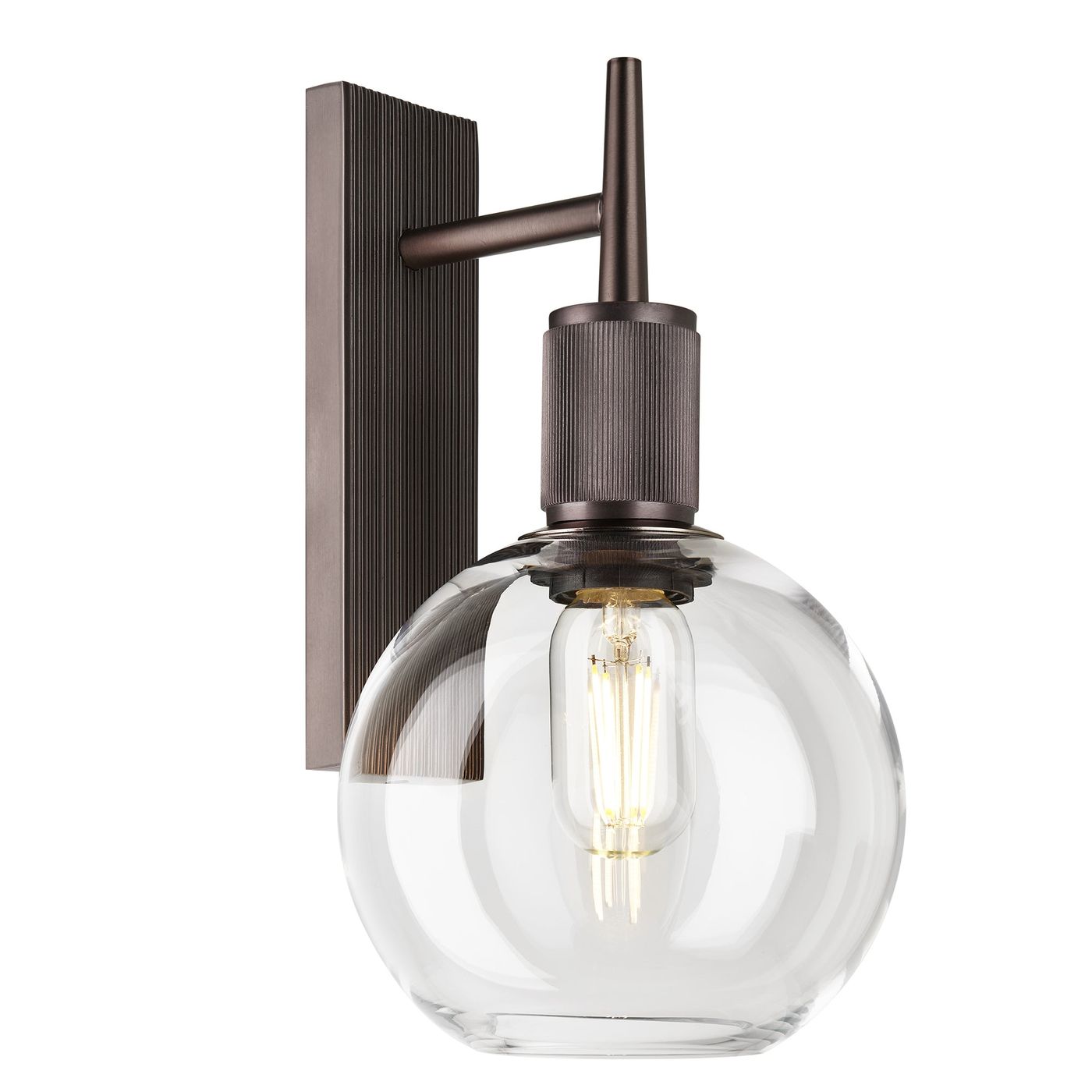 Henley Glass Globe Wall Light 7 Inch Clear showcasing a single clear glass globe with a bronze holder side view