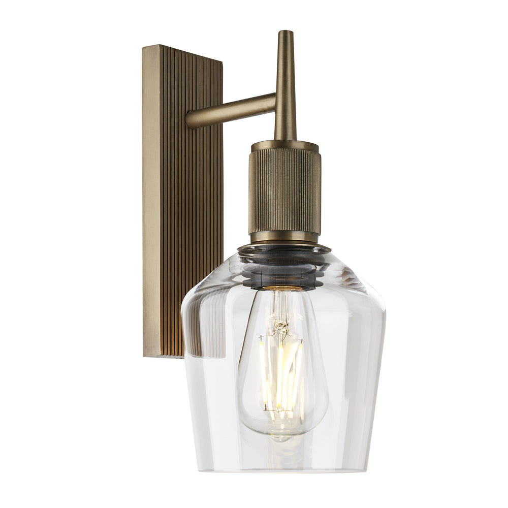 Henley Glass Schoolhouse Wall Light 5.5 Inch Clear featuring a single clear glass shade with a brass holder side view