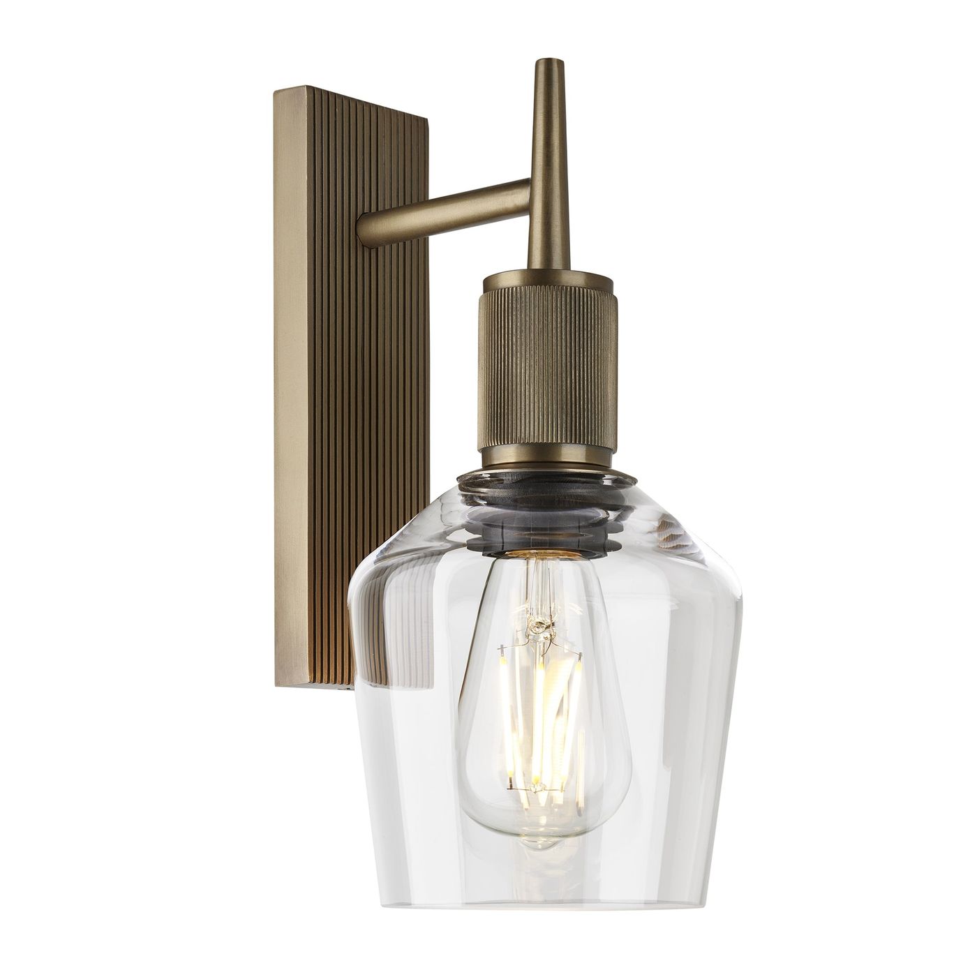 Henley Glass Schoolhouse Wall Light 5.5 Inch Clear featuring a single clear glass shade with a brass holder side view