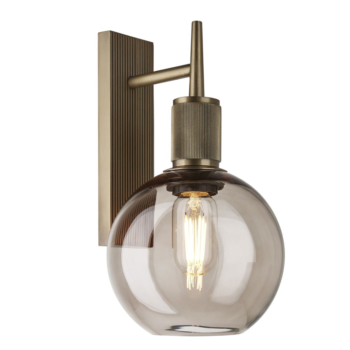 Henley Smoked Glass Globe Wall Light 7 Inch Mocha showcasing a single smoked glass globe with a brass holder side view