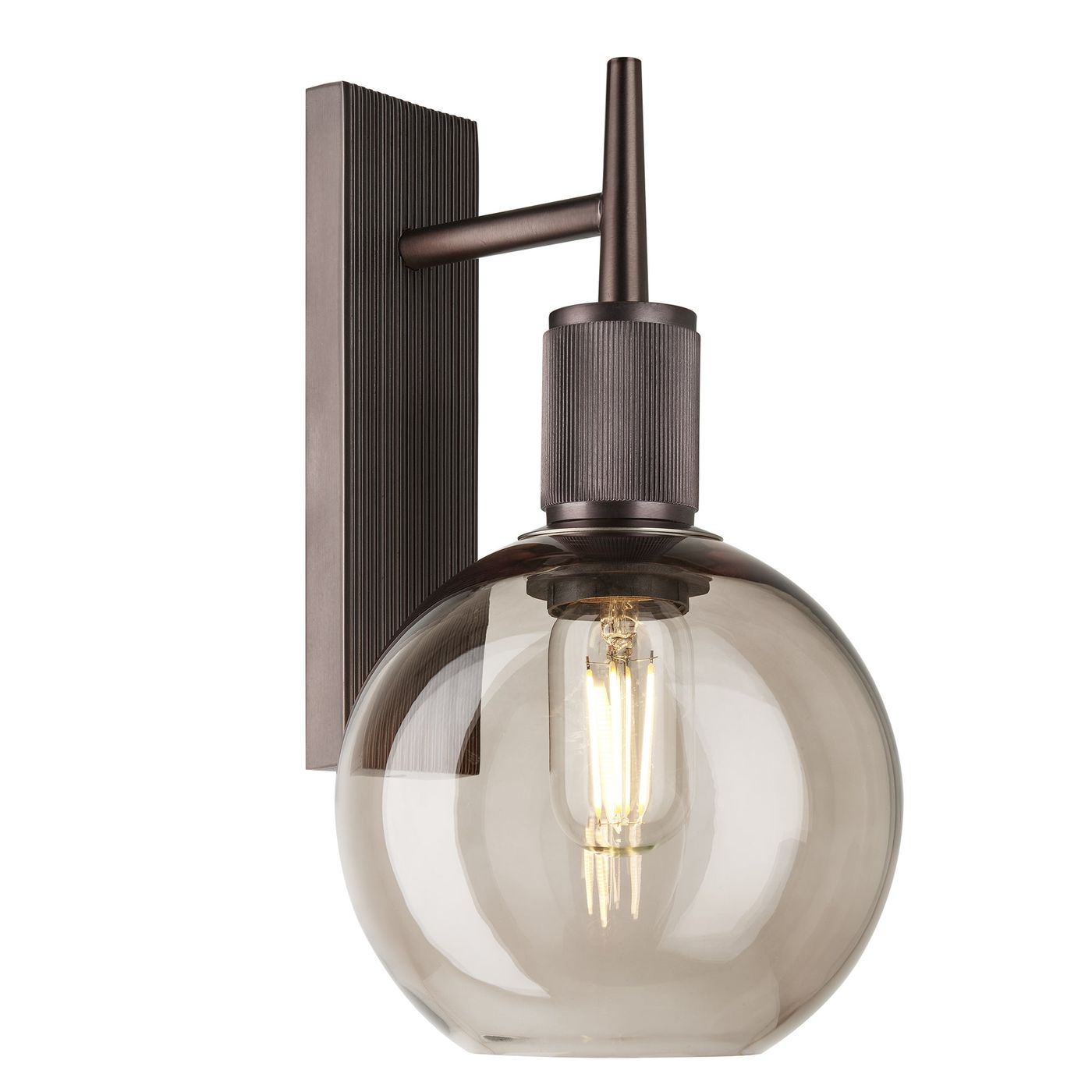 Henley Smoked Glass Globe Wall Light 7 Inch Mocha showcasing a single smoked glass globe with a bronze holder side view