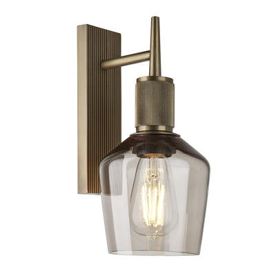 Henley Smoked Glass Schoolhouse Wall Light 5.5 Inch Mocha featuring a single smoked glass shade with a brass holder side view