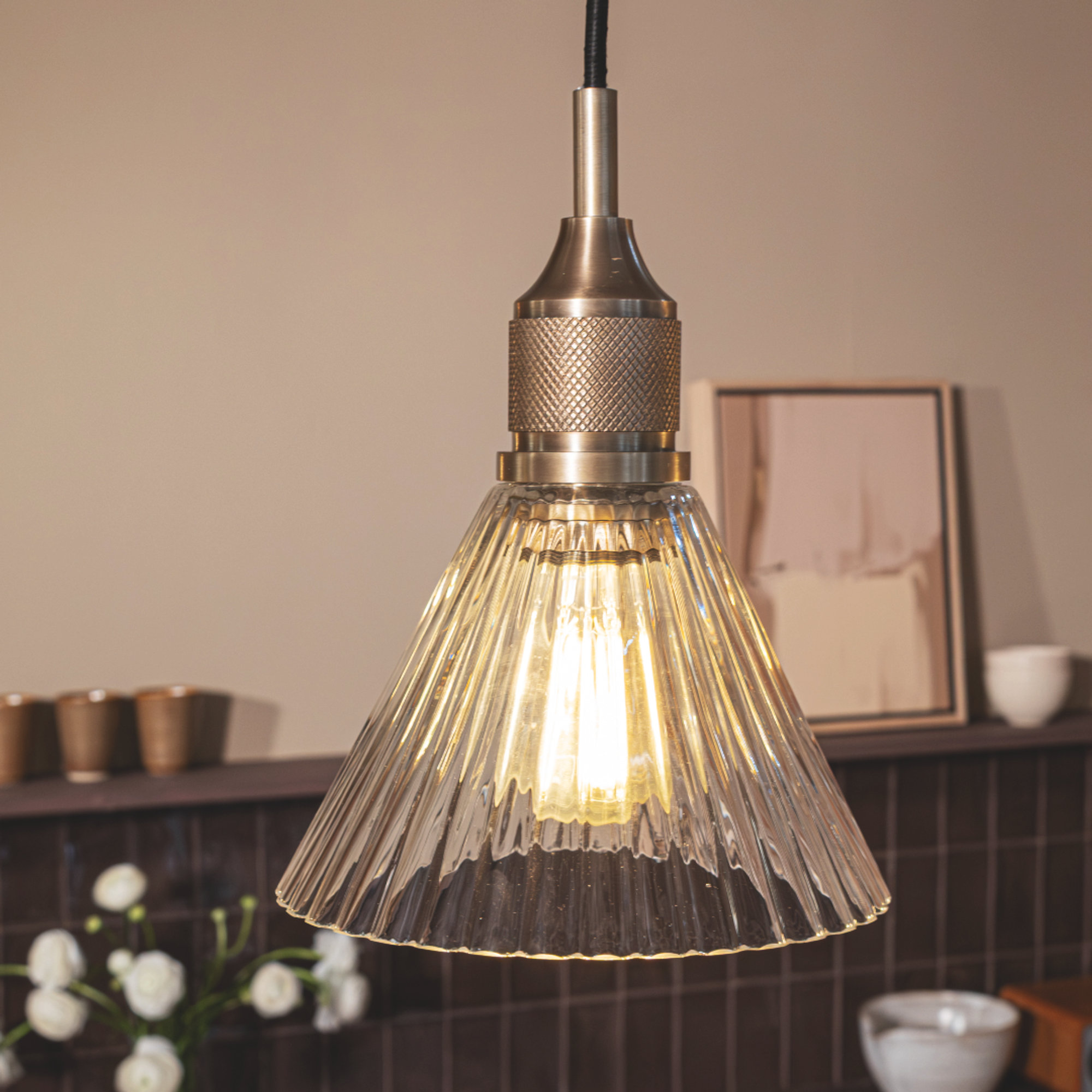 Noho Glass Ribbed Funnel Pendant Light - 7 Inch with Brass Holder