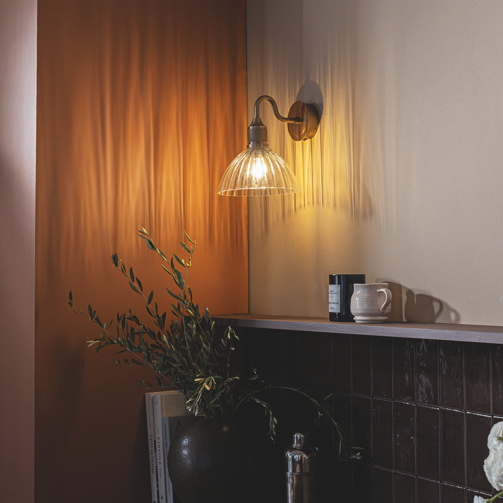 Noho Glass Ribbed Dome Swan Neck Wall Light - 8 Inch with Brass Holder