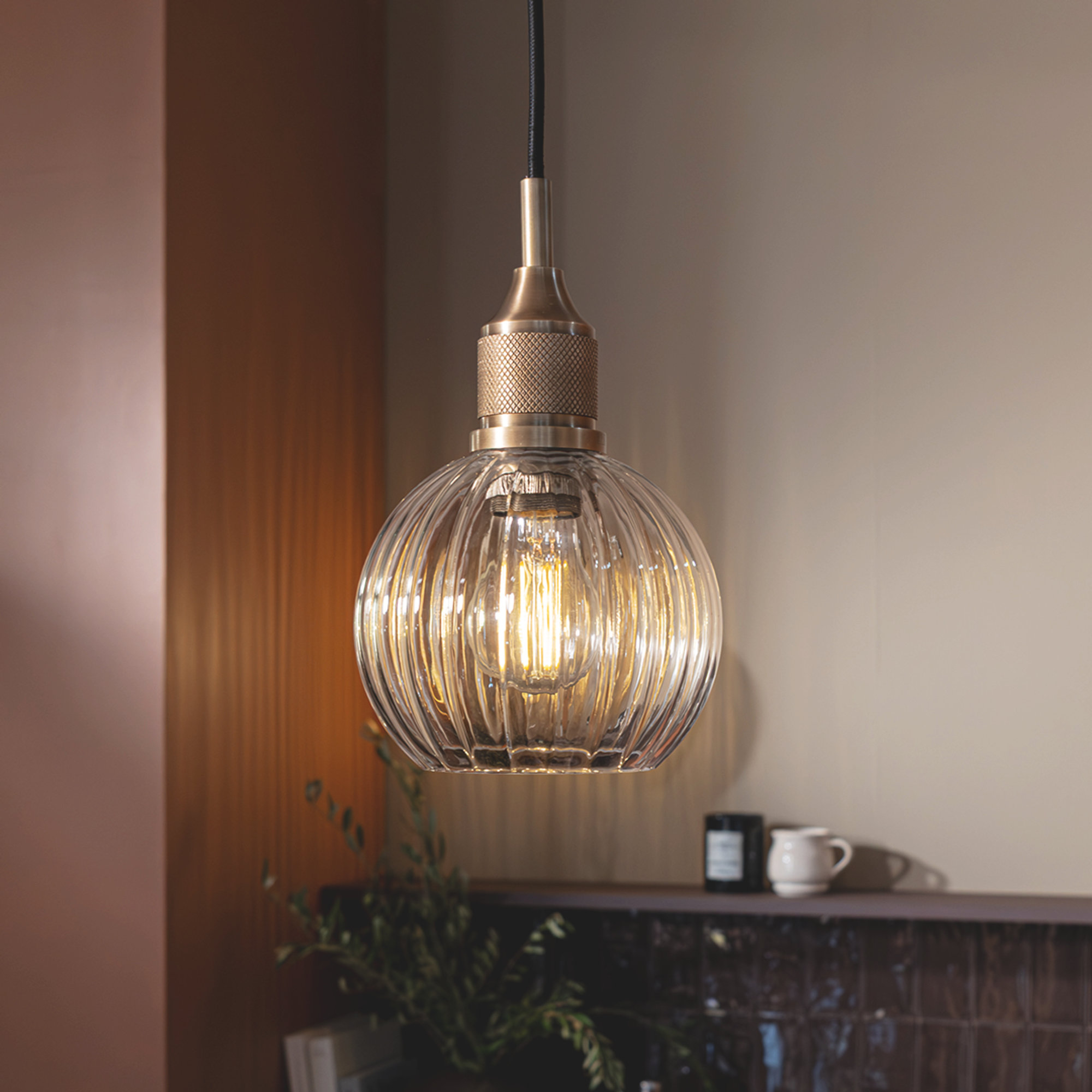 Noho Glass Ribbed Globe Pendant Light - 6 Inch with Brass Holder