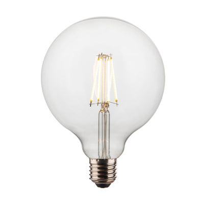 LED Edison Old Filament Dimmable Bulb - 7W E27 Globe G125 - Clear, illuminated view, showcasing the warm light, classic filament style, and large globe shape