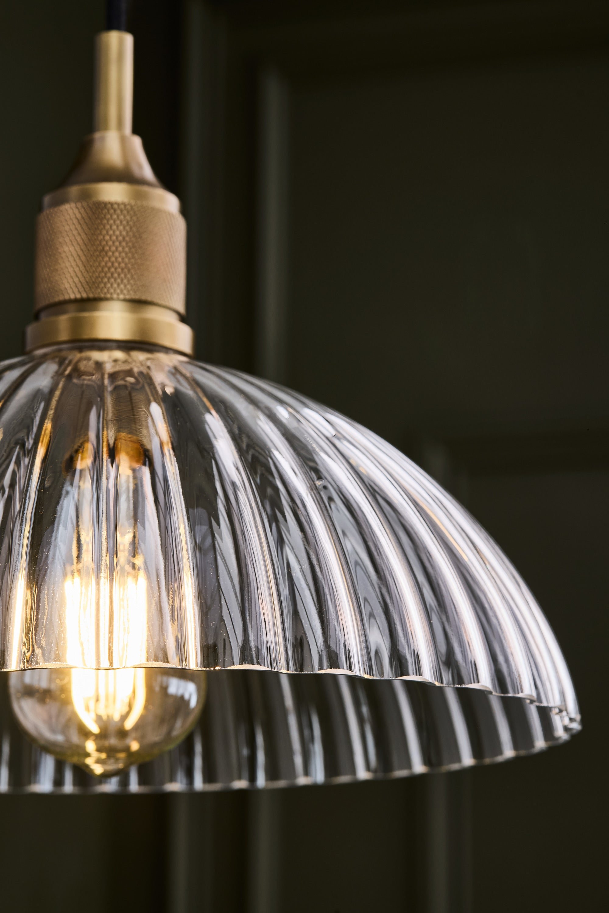 Noho Glass Ribbed Dome Pendant Light - 12 Inch with Brass Holder