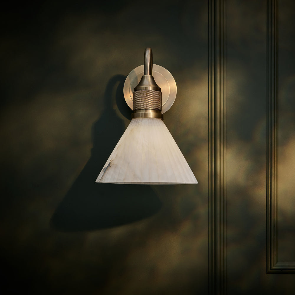 Noho Alabaster Fluted Funnel Swan Neck Wall Light with Brass Holder in 7 Inch
