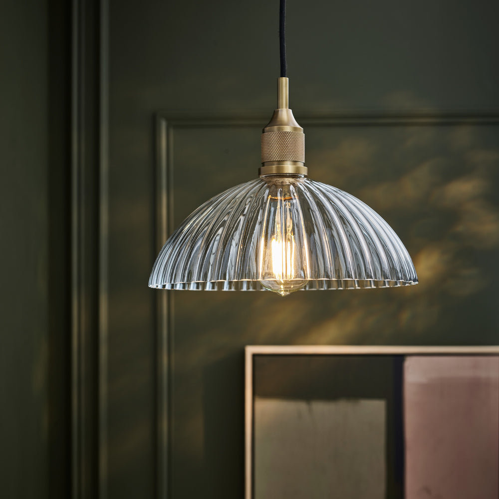 Noho Glass Ribbed Dome Pendant Light - 12 Inch with Brass Holder