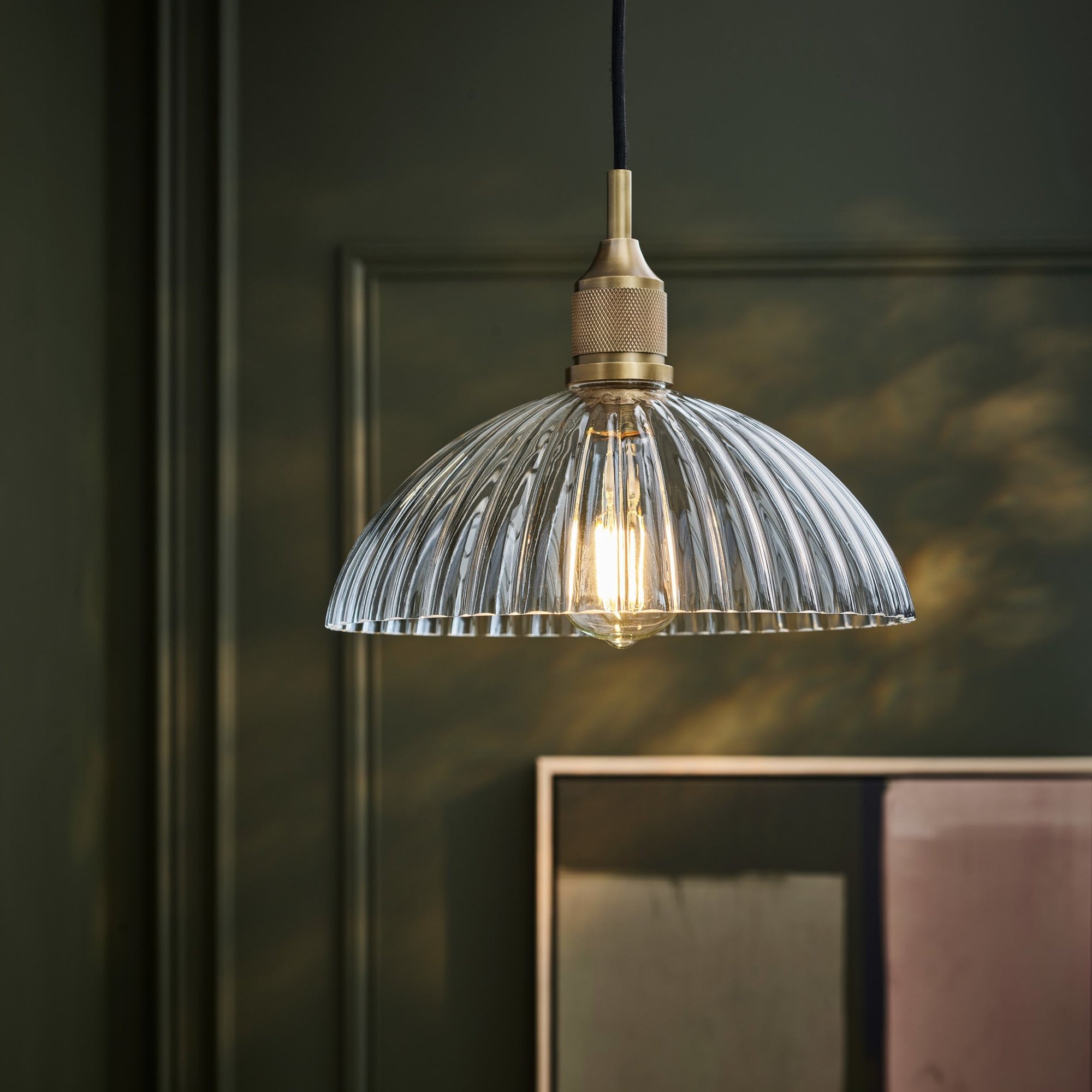 Noho Glass Ribbed Dome Pendant Light - 12 Inch with Brass Holder