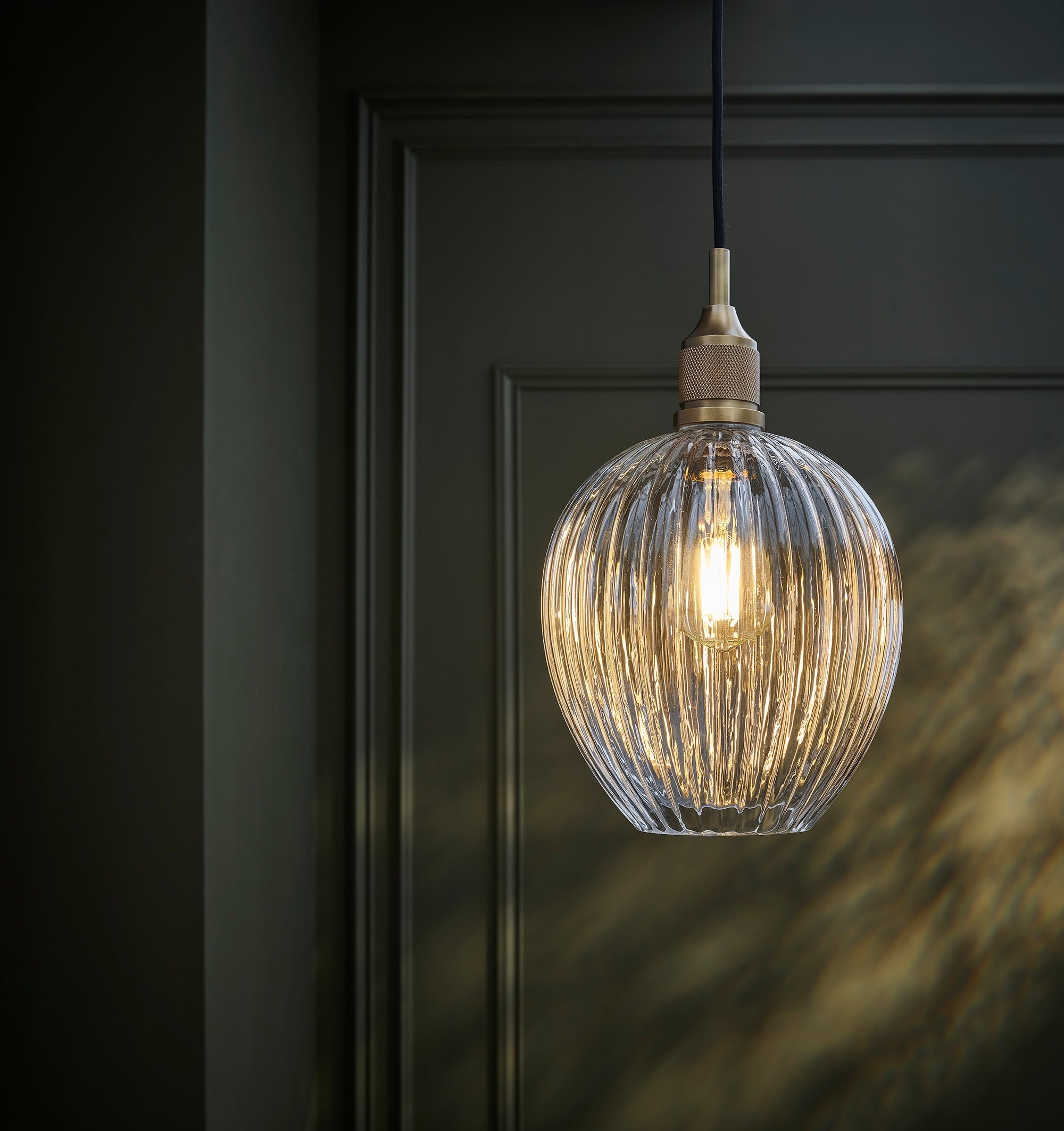Noho Glass Ribbed Tulip Pendant Light - 9 Inch with Brass Holder