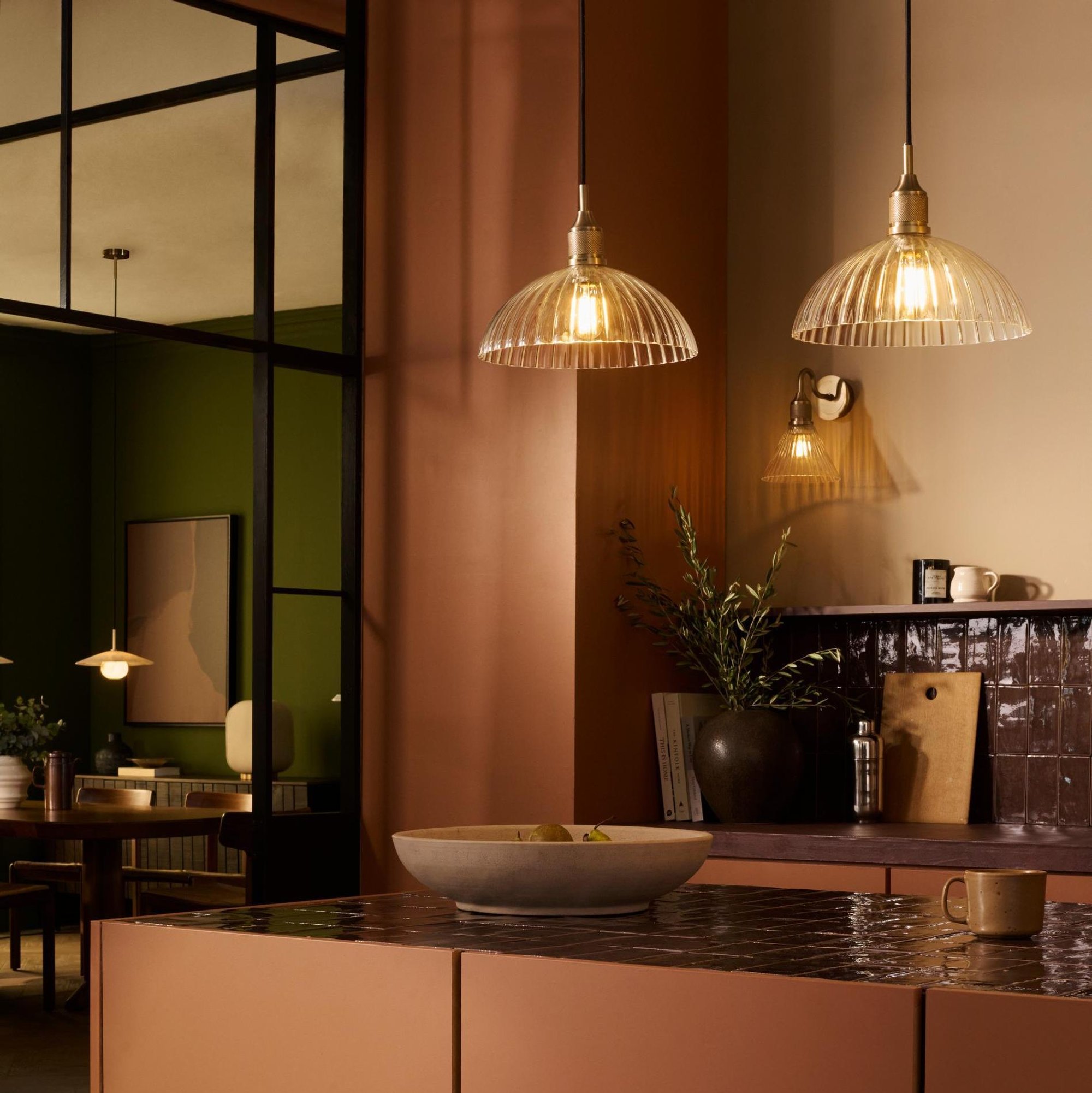 Noho Glass Ribbed Dome Pendant Light - 12 Inch with Brass Holder