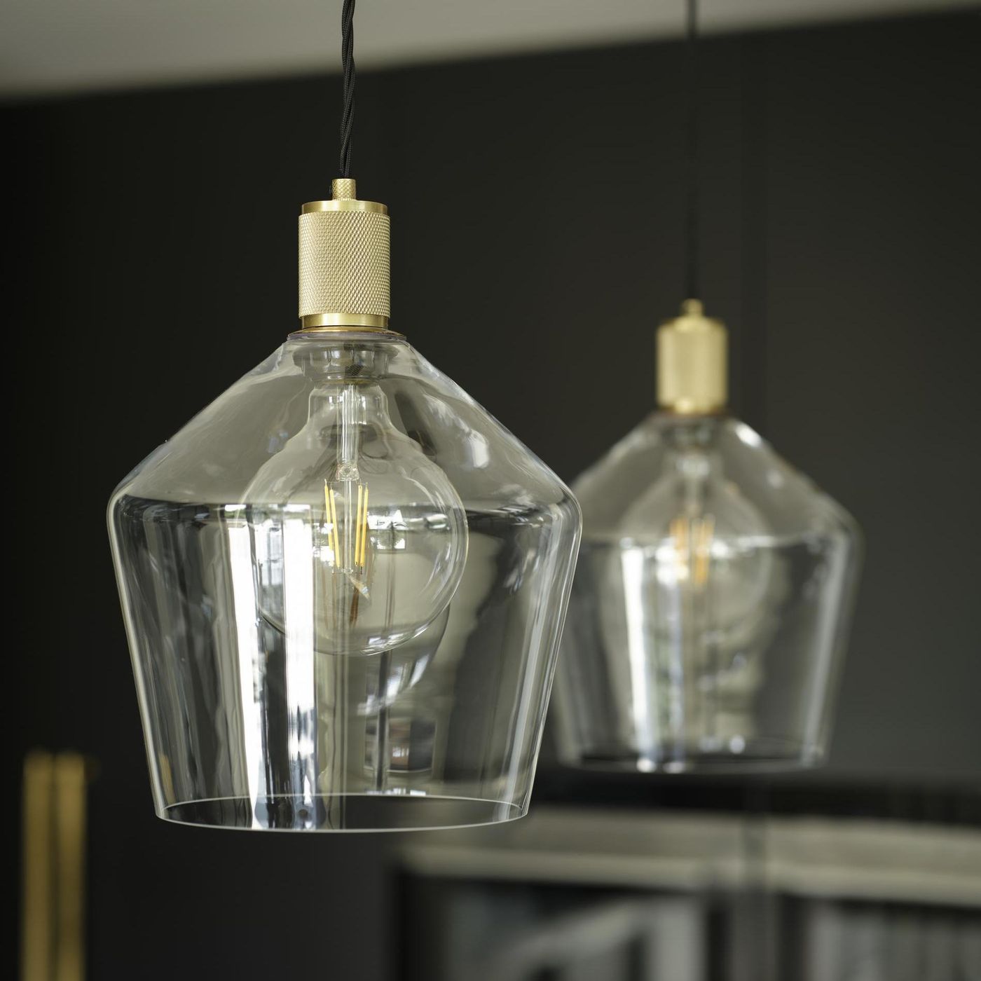 Clear Glass and Brass Holder Schoolhouse Pendant Knurled Holder KN-GLSHP10-CL-BH