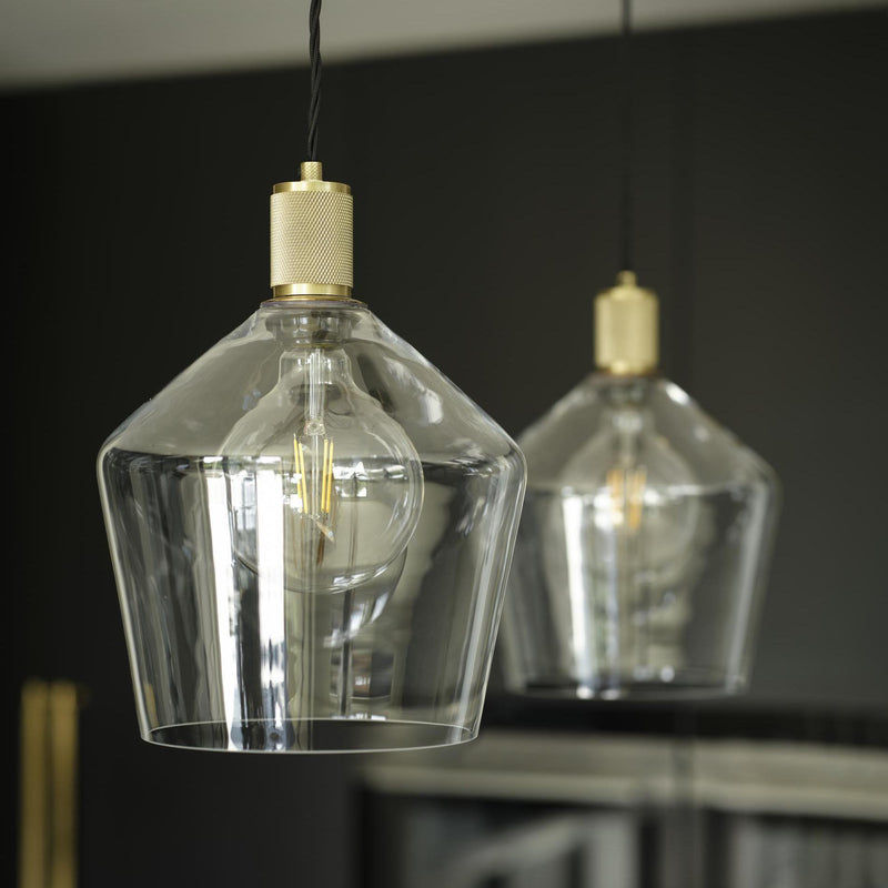 Clear Glass and Brass Holder Schoolhouse Pendant Knurled Holder KN-GLSHP10-CL-BH