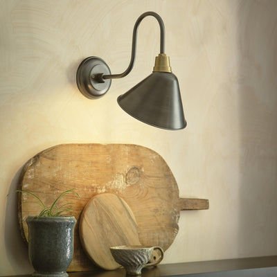 Pewter Swan Neck Cone Wall Light in 8 Inch with Pewter Holder, Product Code is SN-CWL8-P