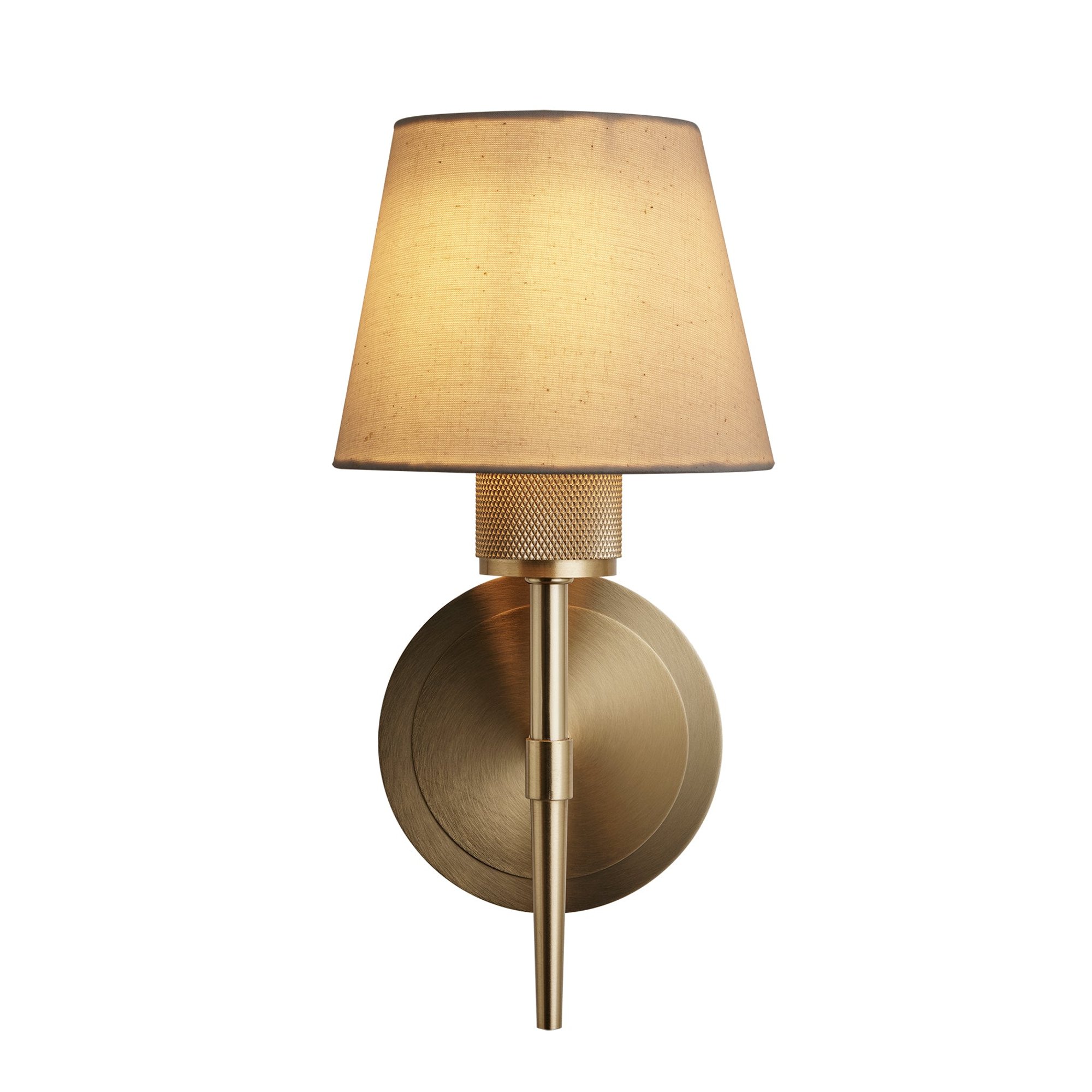 Brass Knurled Empire Torch Wall Light with Light Natural Cotton shade