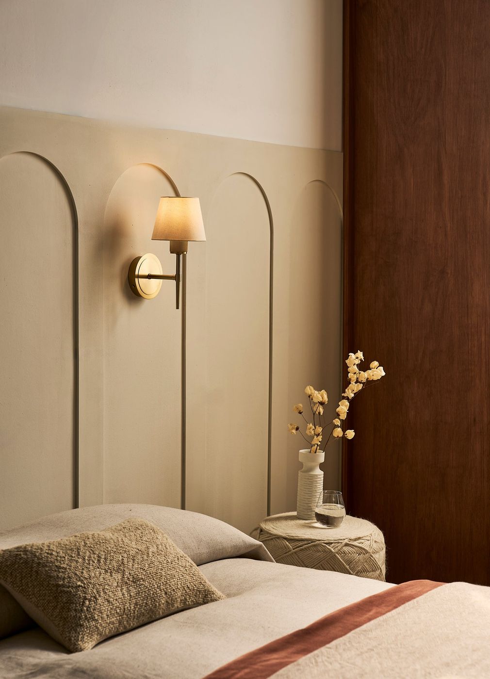 Brass Knurled Empire Torch Wall Light with Light Natural Cotton shade