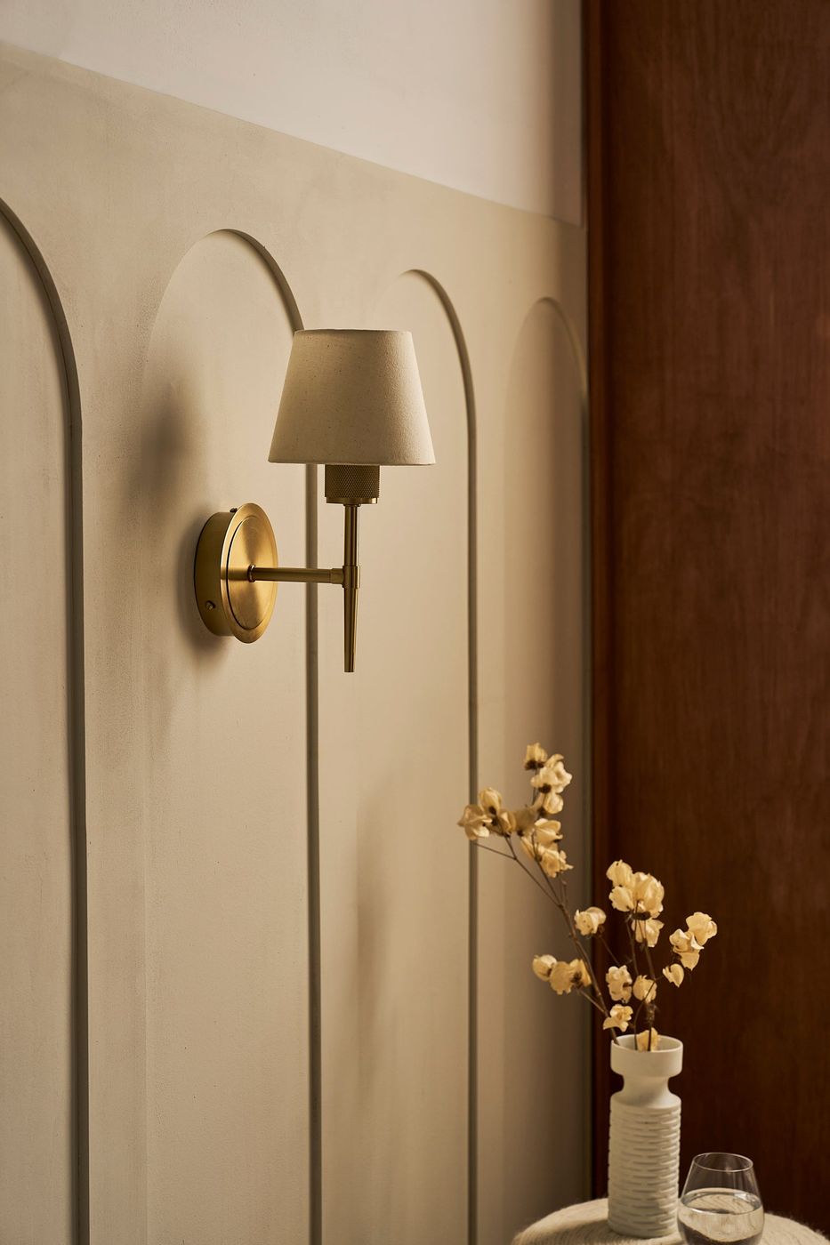 Brass Knurled Empire Torch Wall Light with Light Natural Cotton shade