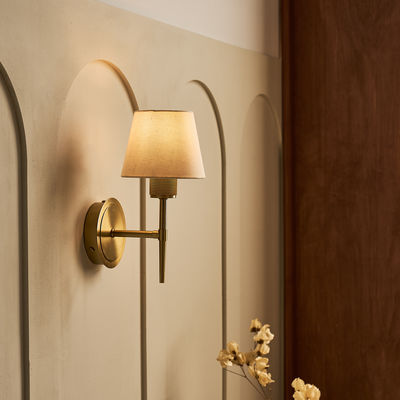 Brass Knurled Empire Torch Wall Light with Light Natural Cotton shade