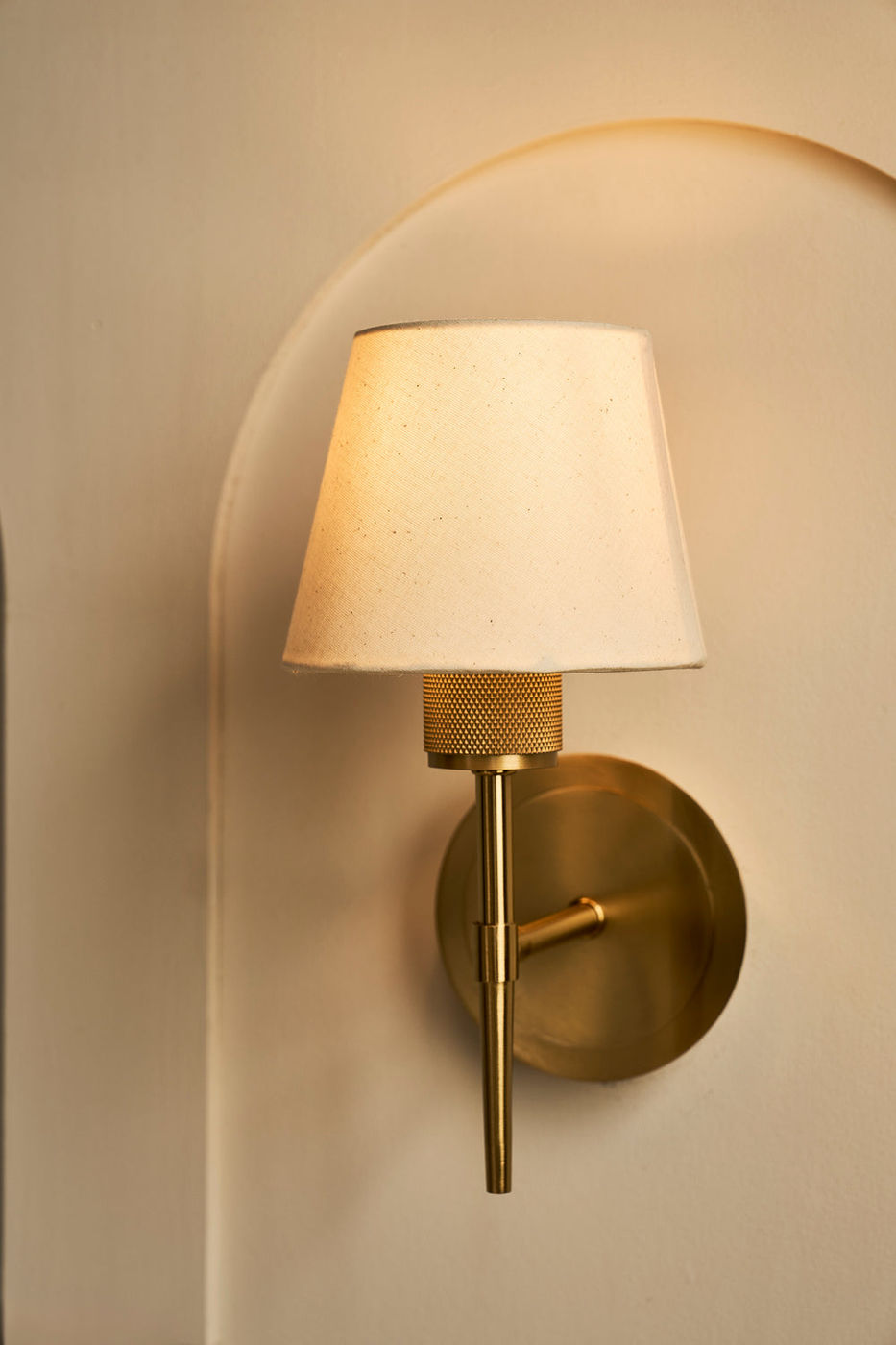 Brass Knurled Empire Torch Wall Light with Light Natural Cotton shade